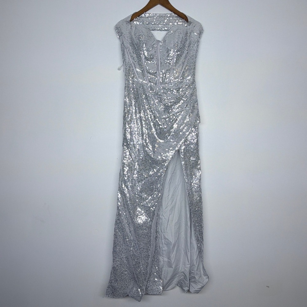 Elegant Dress Silver Sequin Halter Maxi Gown Corset Back High Slit Formal NEW